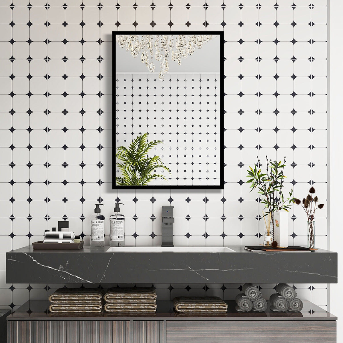 WELLFOR 16-in x 24-in Surface/Recessed Mount Black Mirrored Medicine Cabinet