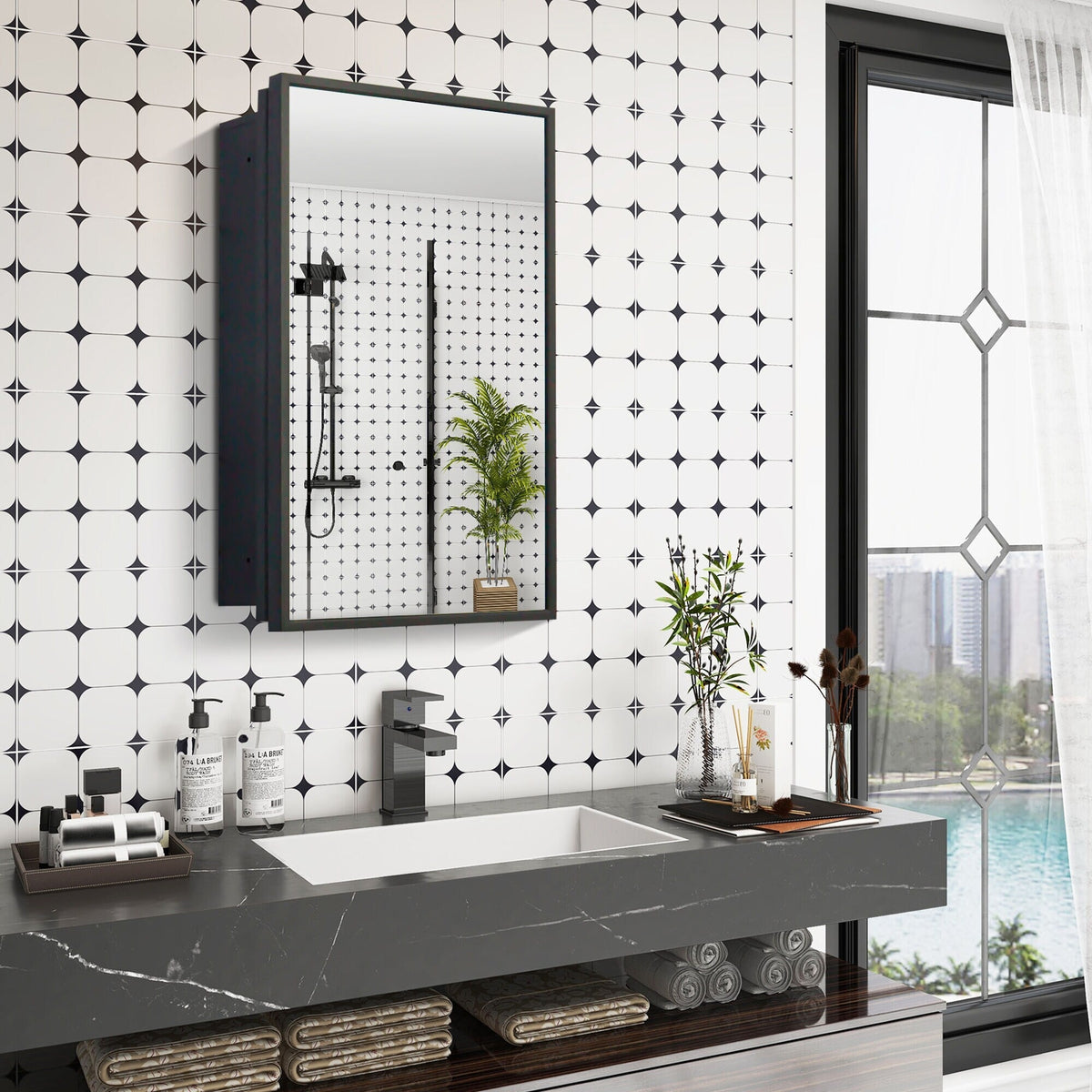 WELLFOR 16-in x 24-in Surface/Recessed Mount Black Mirrored Medicine Cabinet