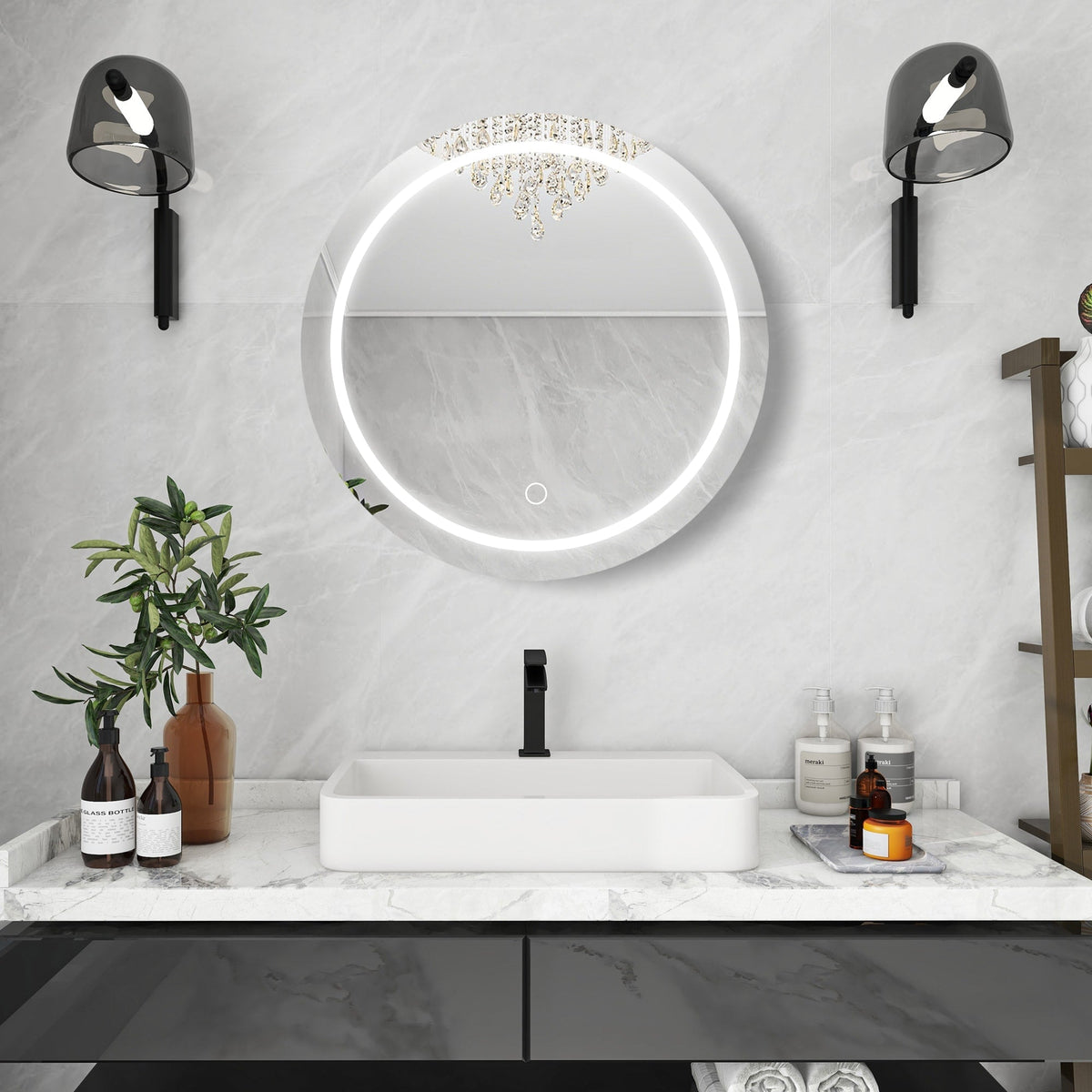 WELLFOR 26-in x 26-in Lighted LED Fog Free Surface Mount Silver Mirrored Round Medicine Cabinet
