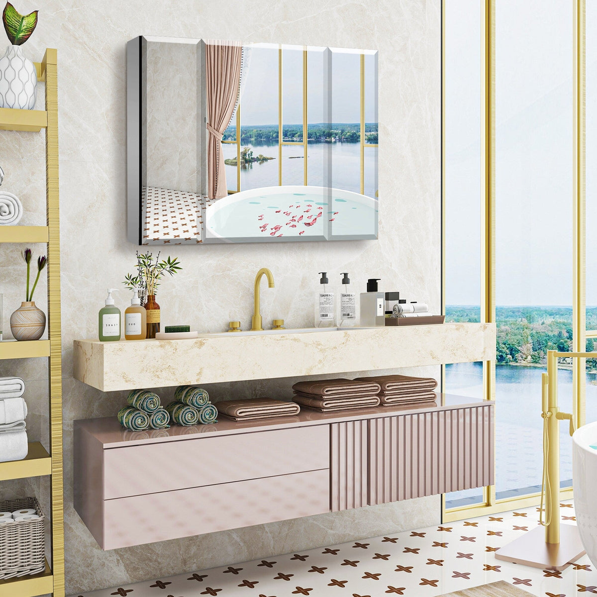 WELLFOR 36-in x 26-in Surface/Recessed Mount Aluminium Mirrored Soft Close Medicine Cabinet