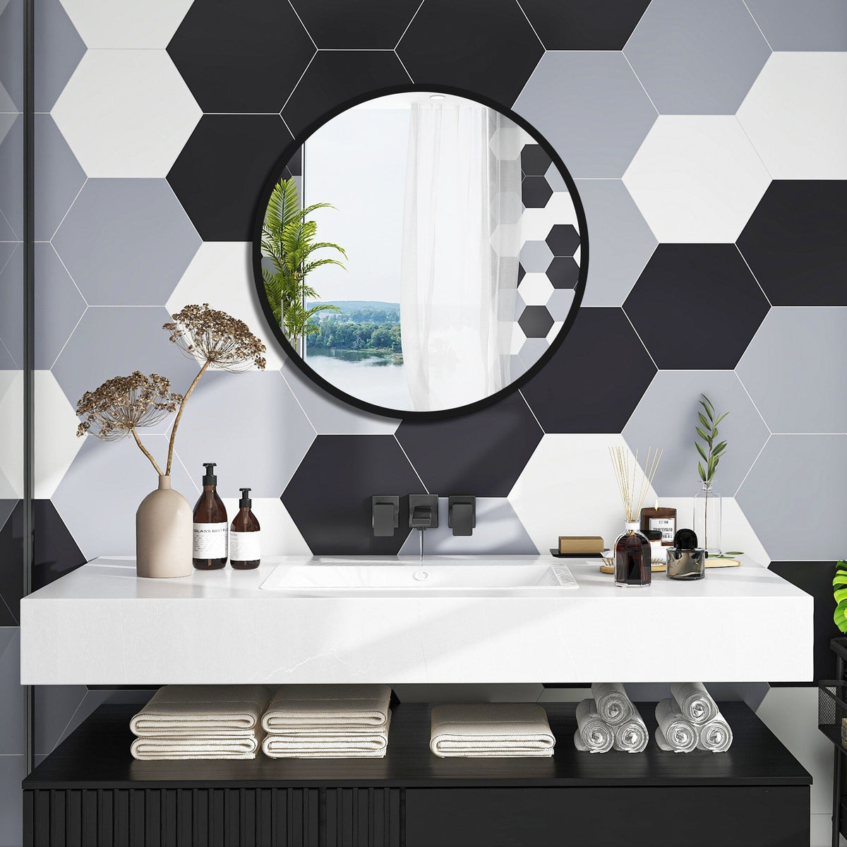 WELLFOR 24-in x 24-in Surface Mount Silver Mirrored Round Medicine Cabinet