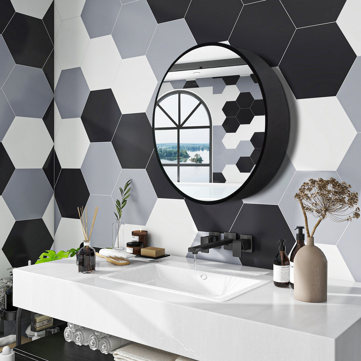 WELLFOR 24-in x 24-in Surface Mount Silver Mirrored Round Medicine Cabinet