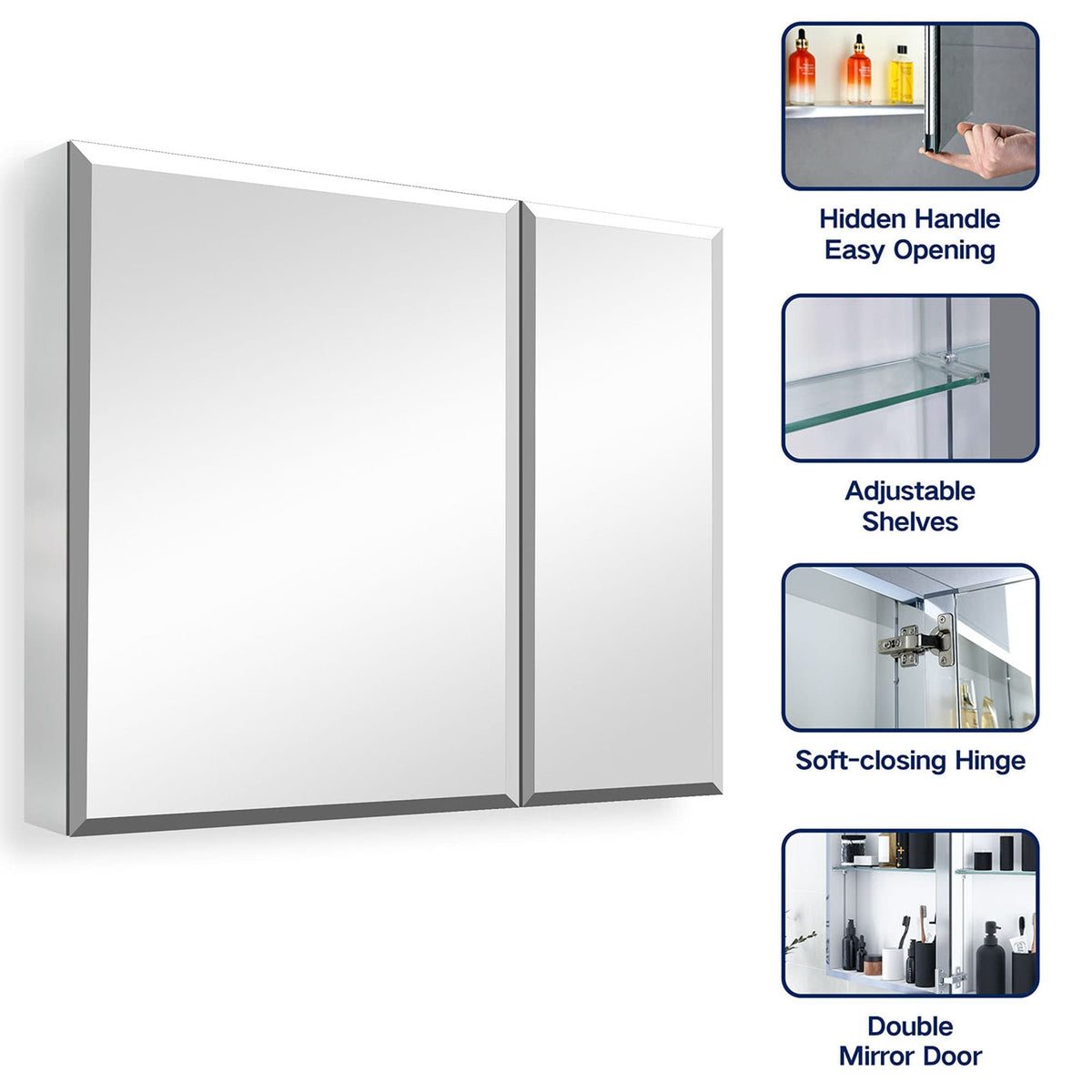 WELLFOR 30-in x 26-in Surface/Recessed Mount Aluminium Mirrored Soft Close Medicine Cabinet