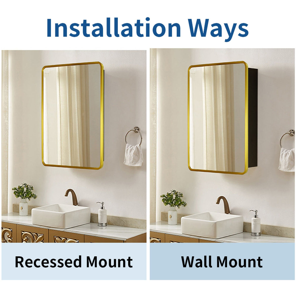 WELLFOR 20-in x 28-in Surface/Recessed Mount Gold Mirrored Medicine Cabinet