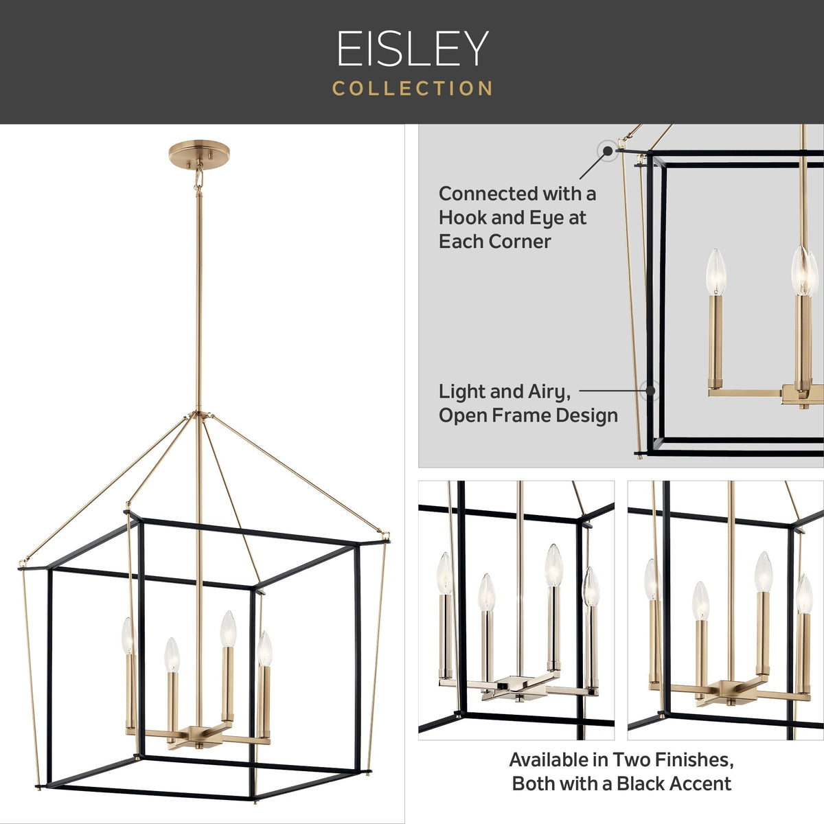 Kichler Eisley 4-Light Polished Nickel Modern/Contemporary Lantern Led, Medium Hanging Pendant Light