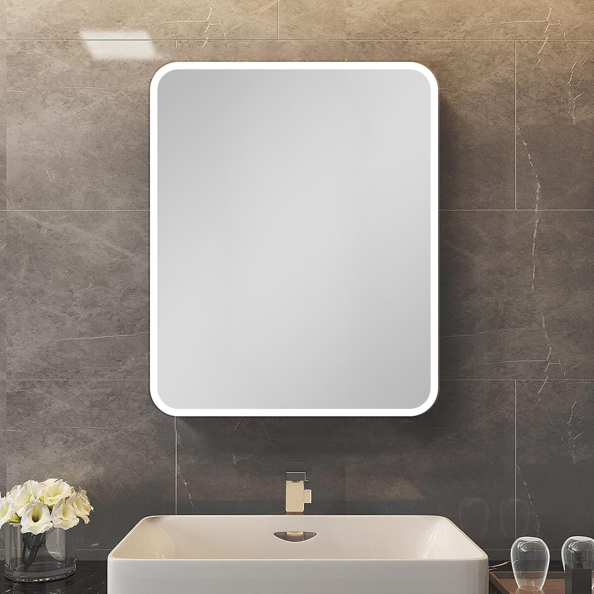 AAZJ AS 24-in x 30-in Surface/Recessed Mount Silver Mirrored Medicine Cabinet
