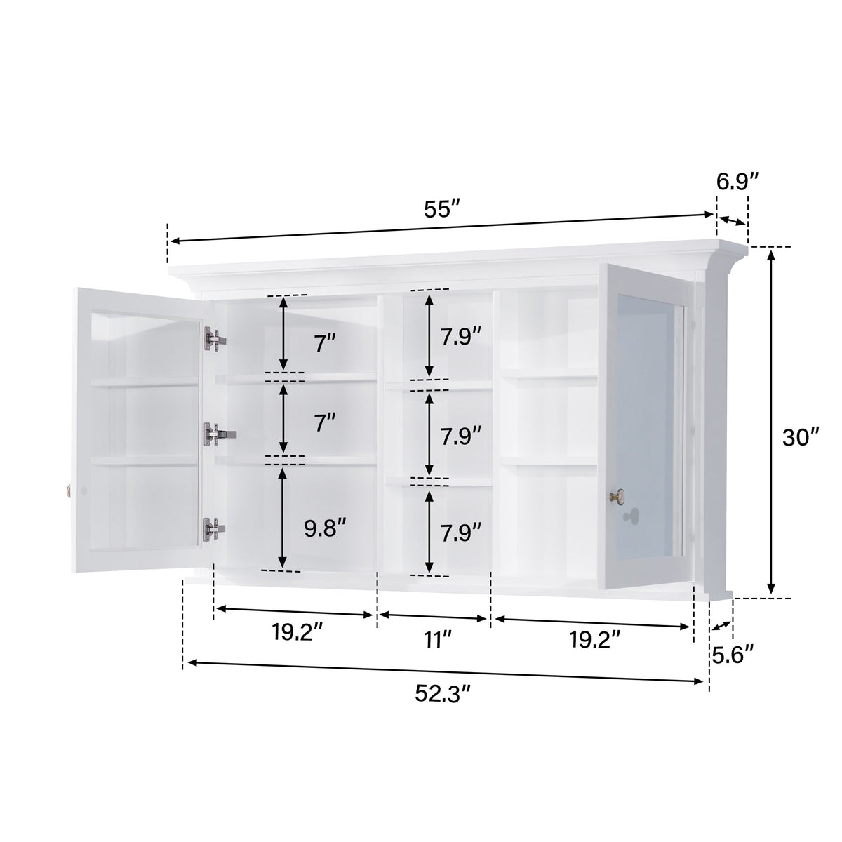 WELLFOR GRACE Solid Wood 55-in x 30-in Surface Mount White Mirrored Soft Close Medicine Cabinet