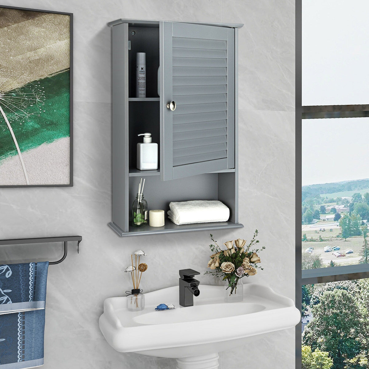 WELLFOR 16.5-in x 27.5-in x 6.5-in Gray Bathroom Wall Cabinet