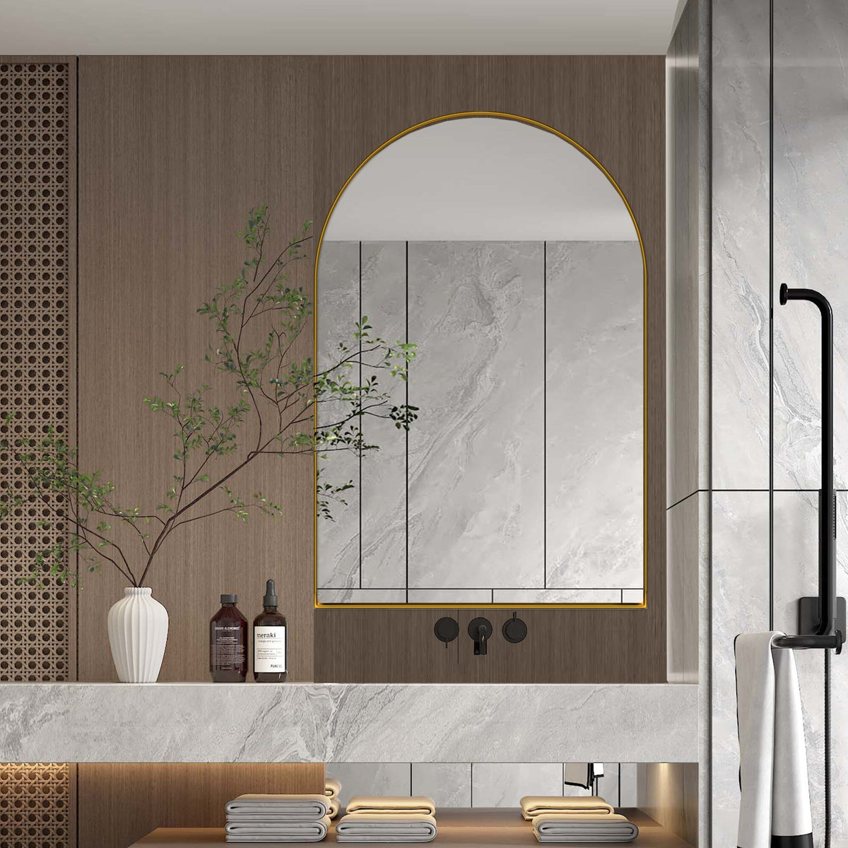 AAZJ FS 24-in x 36-in Surface/Recessed Mount Gold Mirrored Arched Medicine Cabinet