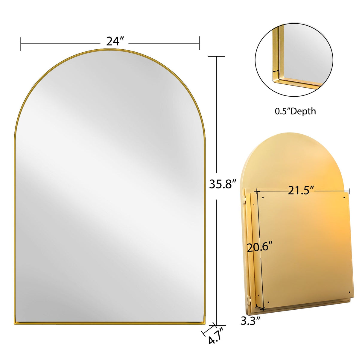 AAZJ FS 24-in x 36-in Surface/Recessed Mount Gold Mirrored Arched Medicine Cabinet