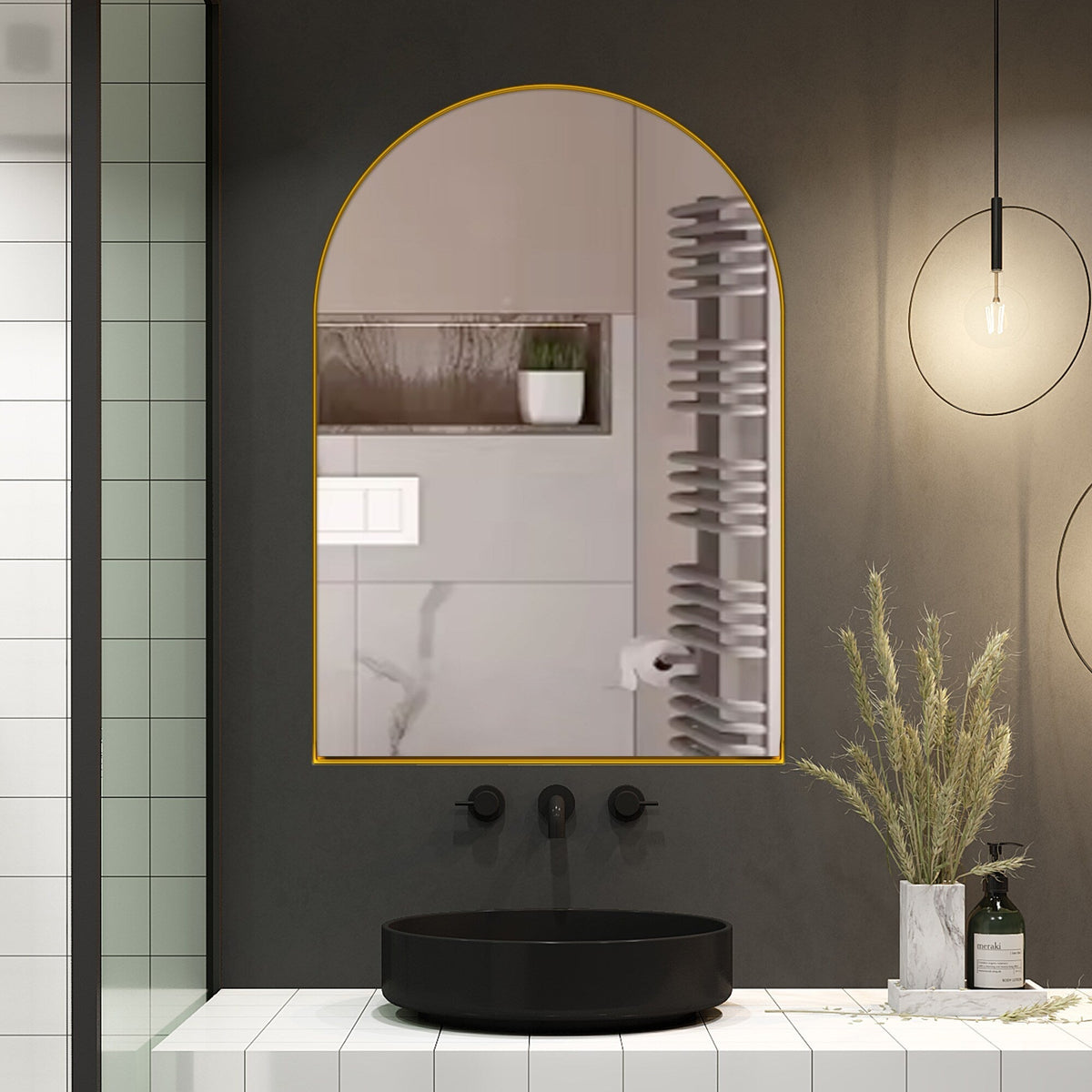 AAZJ FS 24-in x 36-in Surface/Recessed Mount Gold Mirrored Arched Medicine Cabinet
