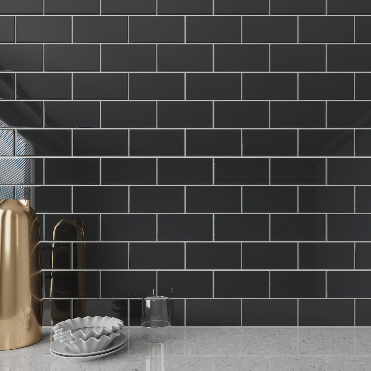 Giorbello Classic Premium Glass Subway Black 3-in x 6-in Glossy Glass Subway Wall Tile (5-sq. ft/ Carton)