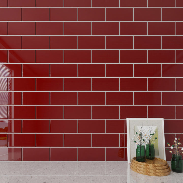 Giorbello Classic Premium Ruby Red 3-in x 6-in Glossy Glass Subway Wall Tile (5-sq. ft/ Carton)