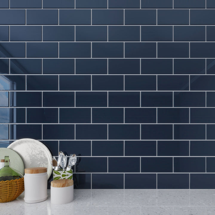 Giorbello Classic Premium Midnight Blue 3-in x 6-in Glossy Glass Subway Wall Tile (5-sq. ft/ Carton)