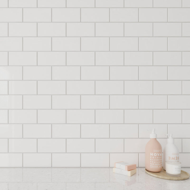 Giorbello Classic Premium Alabaster White 3-in x 6-in Glossy Glass Subway Wall Tile (5-sq. ft/ Carton)
