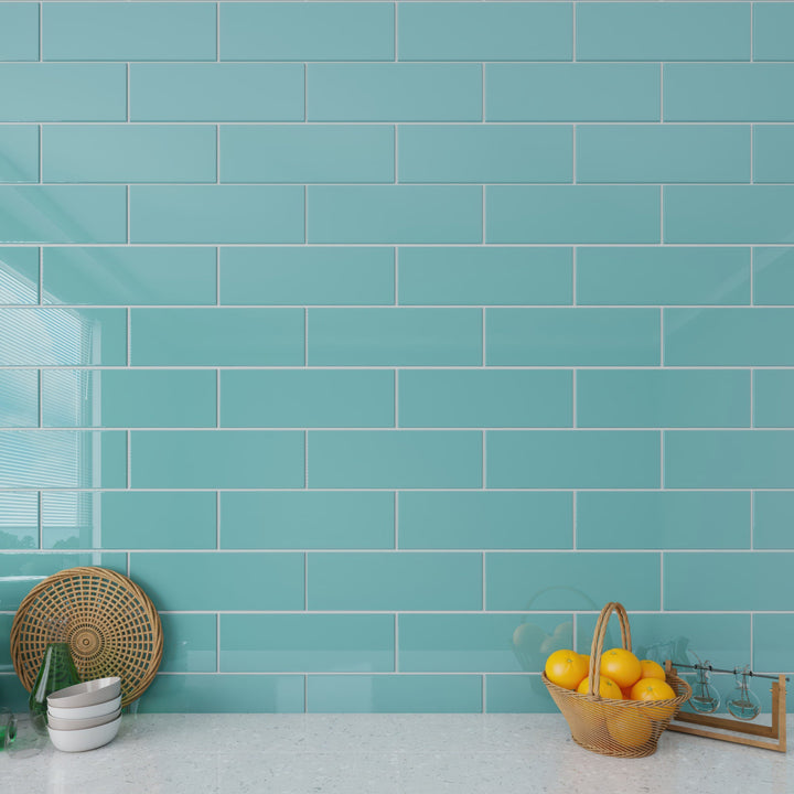 Giorbello Classic Premium Teal 4-in x 12-in Glossy Glass Subway Wall Tile (5-sq. ft/ Carton)