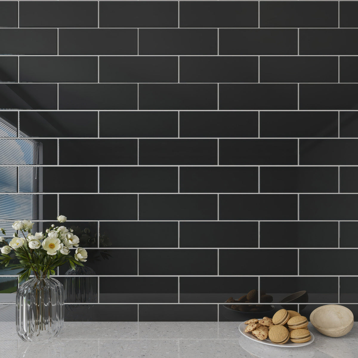 Giorbello Classic Premium Black 4-in x 12-in Glossy Glass Subway Wall Tile (5-sq. ft/ Carton)