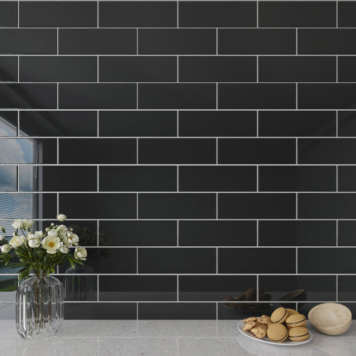 Giorbello Classic Premium Black 4-in x 12-in Glossy Glass Subway Wall Tile (5-sq. ft/ Carton)