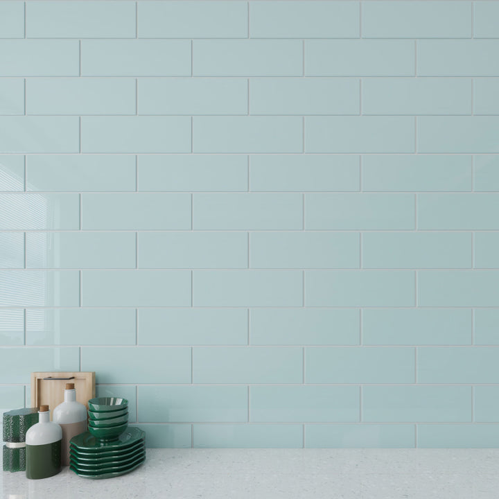 Giorbello Classic Premium Baby Blue 4-in x 12-in Glossy Glass Subway Wall Tile (5-sq. ft/ Carton)