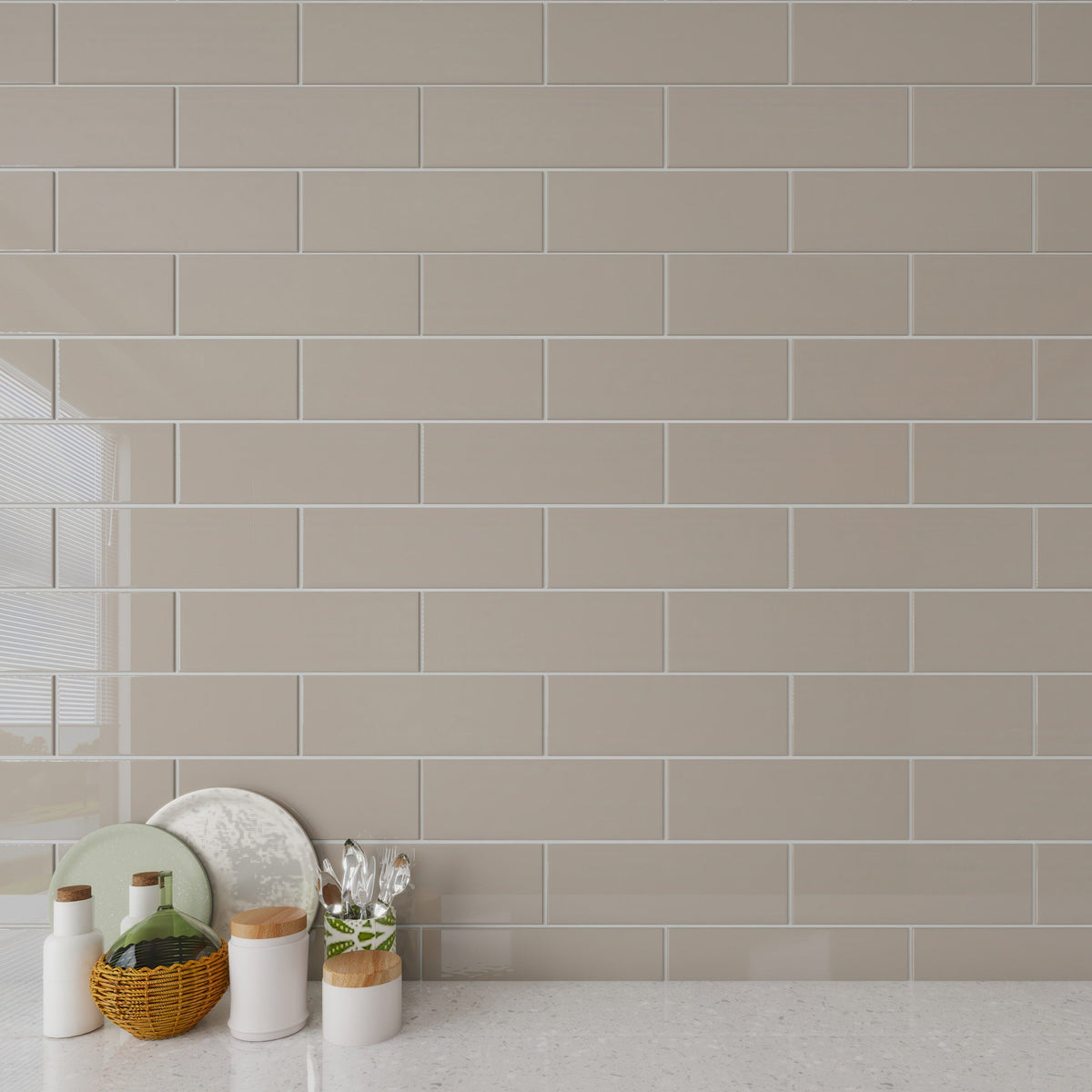 Giorbello Classic Premium Light Taupe 4-in x 12-in Glossy Glass Subway Wall Tile (5-sq. ft/ Carton)