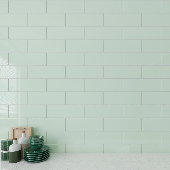 Giorbello Classic Premium Winter Sage 4-in x 12-in Glossy Glass Subway Wall Tile (5-sq. ft/ Carton)
