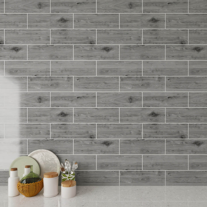 Giorbello Platinum Oak 4-in x 12-in Glossy Glass Wood Look Wall Tile (5-sq. ft/ Carton)
