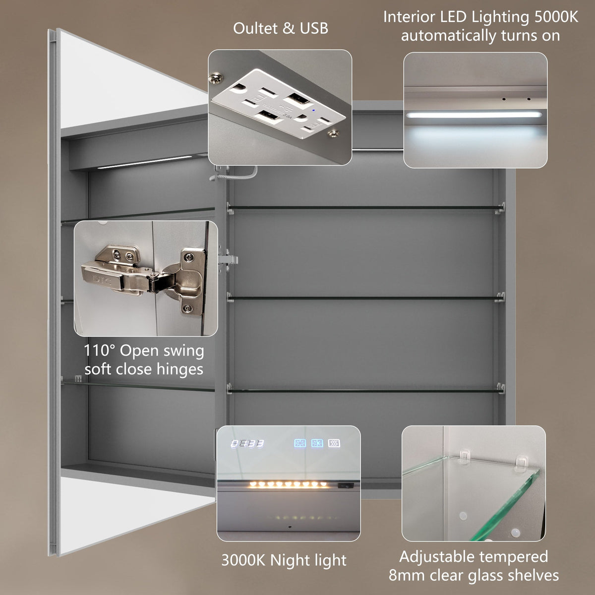 WELLFOR Left Hinge 24-in x 32-in Lighted LED Fog Free Surface Mount Aluminum Mirrored Soft Close Medicine Cabinet with Outlet