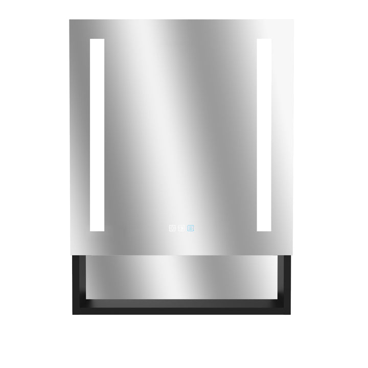 WELLFOR Left Hinge 24-in x 32-in Lighted LED Fog Free Surface Mount Black Mirrored Soft Close Medicine Cabinet with Outlet