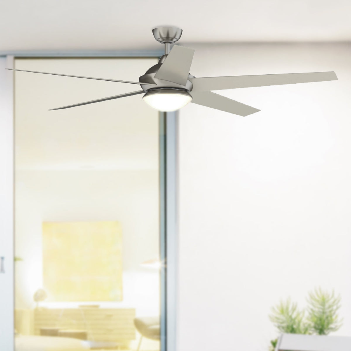 Fanimation Studio Collection Covert 64-in Brushed Nickel LED Indoor/Outdoor Ceiling Fan with Remote (5-Blade)