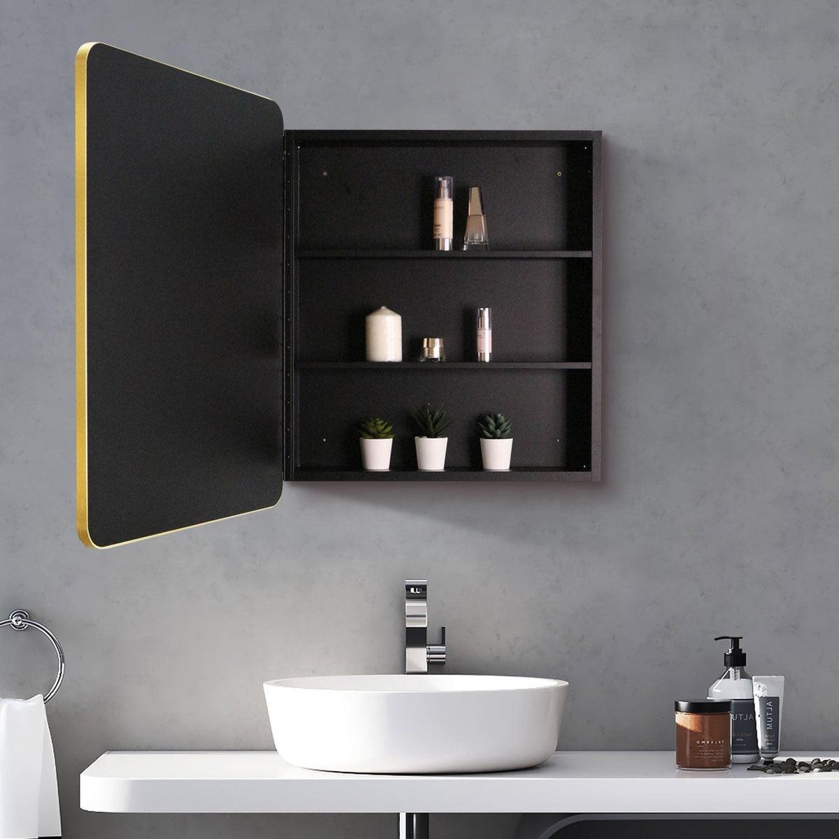 WELLFOR AO 24-in x 30-in Surface/Recessed Mount Gold Mirrored Medicine Cabinet