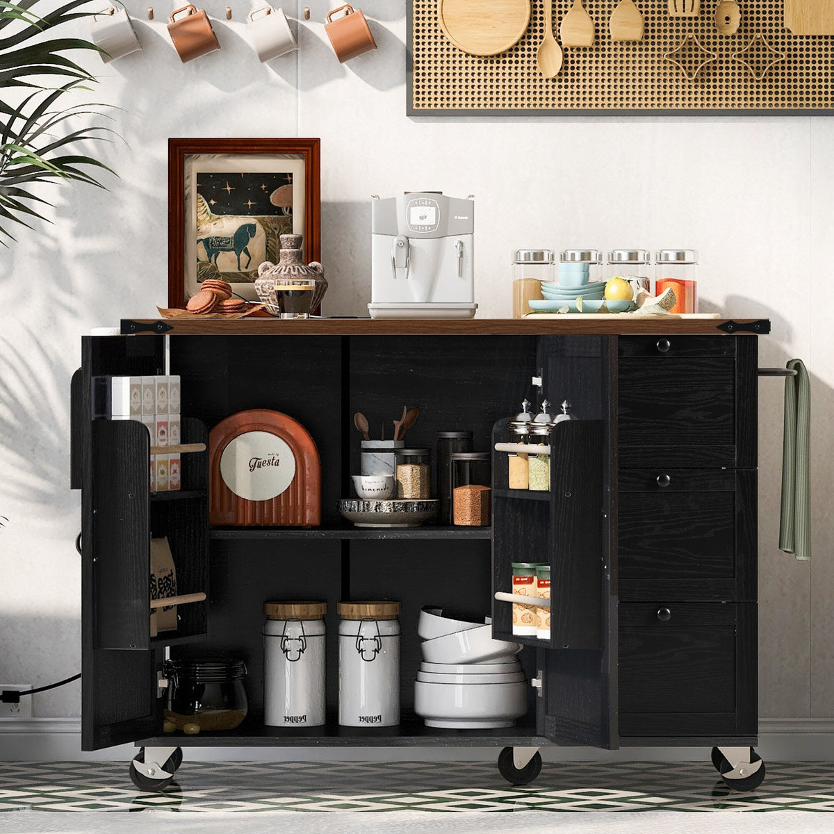 BABOOM Black Mdf Base with Composite Wood Top Rolling Kitchen Island (28.75-in x 54.5-in x 36.5-in)