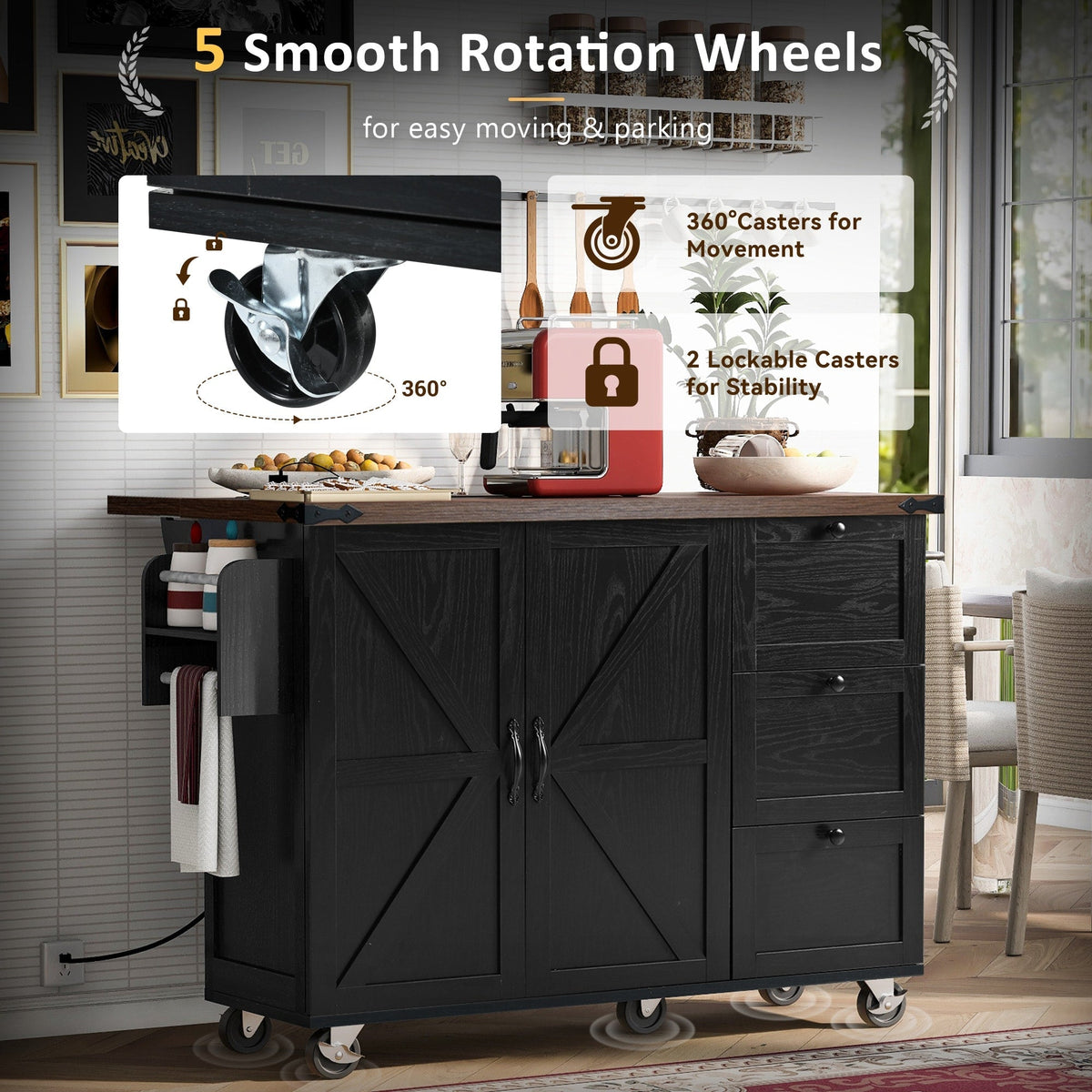 BABOOM Black Mdf Base with Composite Wood Top Rolling Kitchen Island (28.75-in x 54.5-in x 36.5-in)
