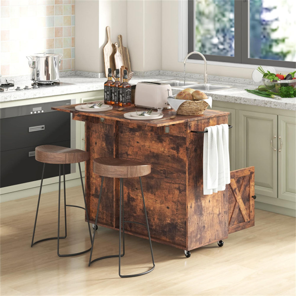 BABOOM Brown Composite Base with Composite Top Rolling Kitchen Island (27-in x 47.5-in x 34.5-in)
