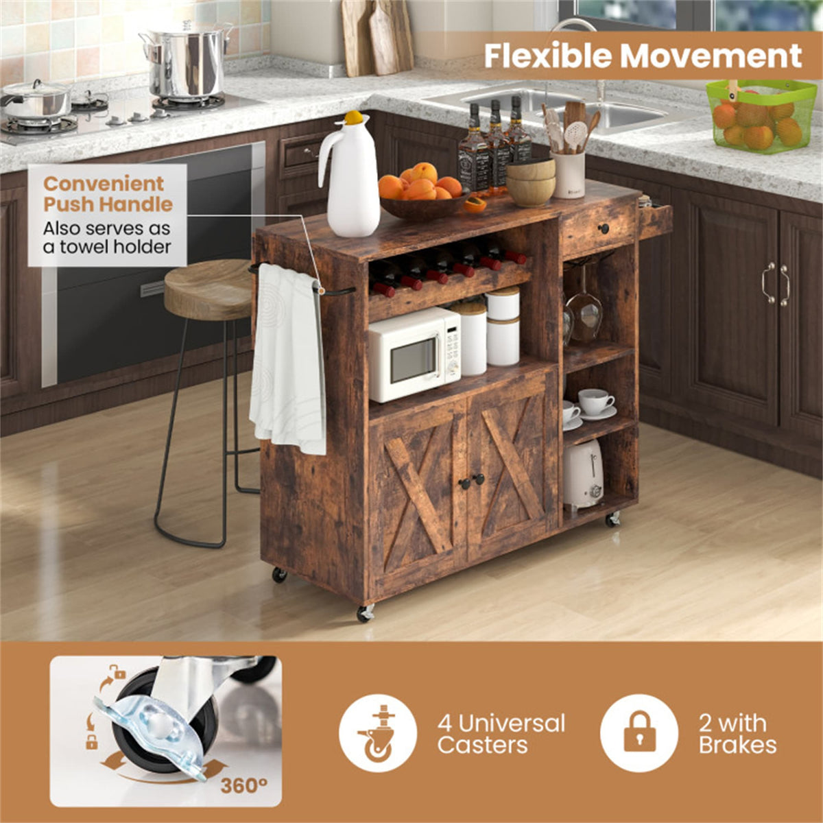 BABOOM Brown Composite Base with Composite Top Rolling Kitchen Island (27-in x 47.5-in x 34.5-in)