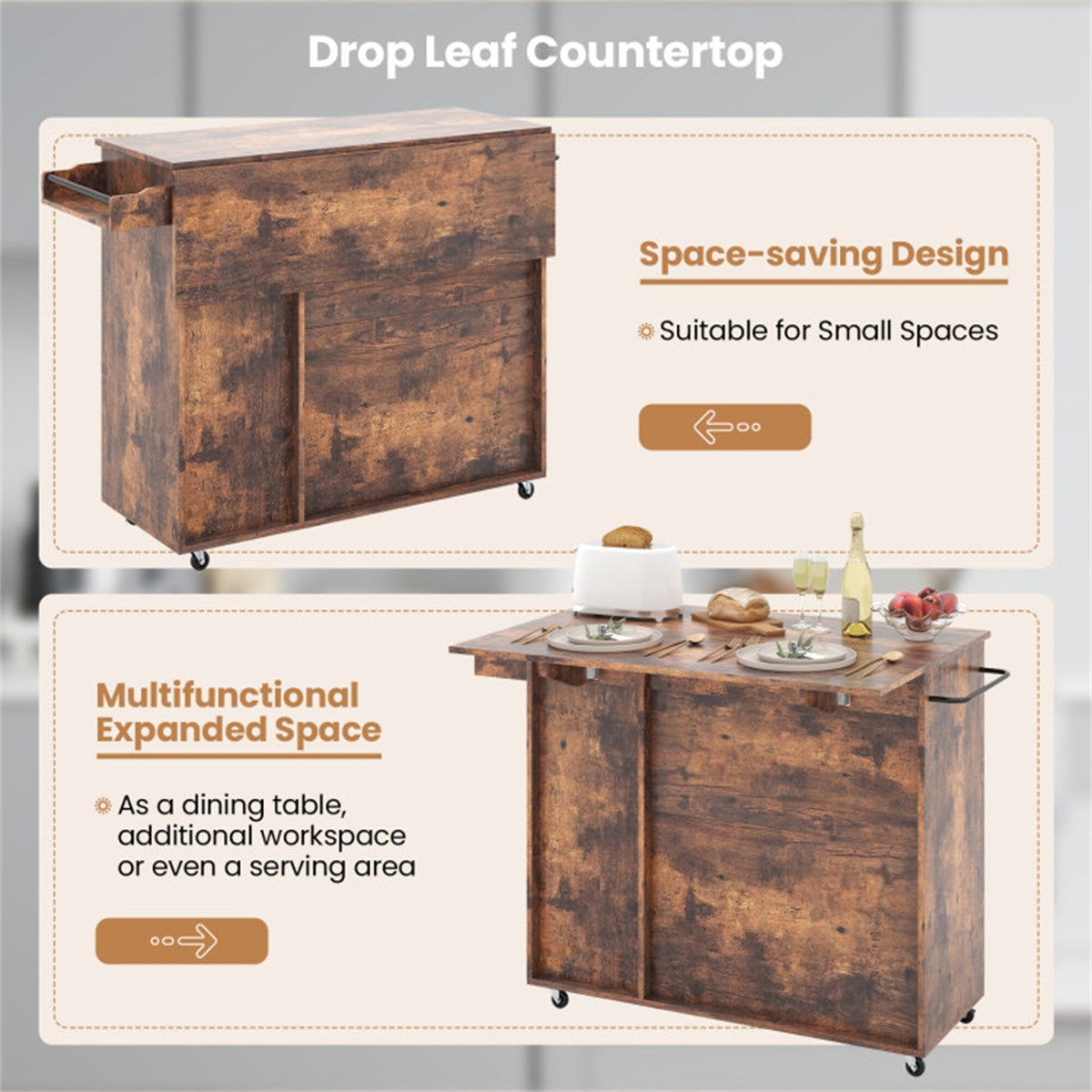 BABOOM Brown Composite Base with Composite Top Rolling Kitchen Island (27-in x 47.5-in x 34.5-in)