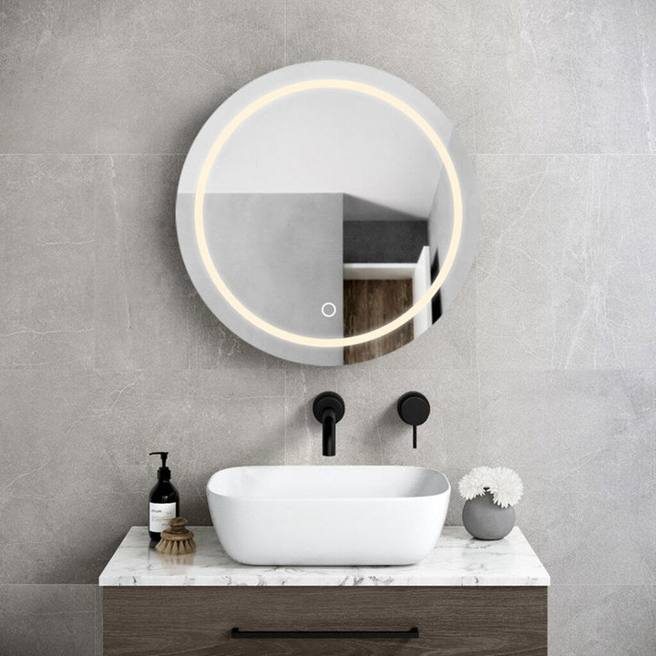 AAZJ AO 25-in x 26-in Lighted LED Fog Free Surface Mount Silver and Black Mirrored Round Medicine Cabinet