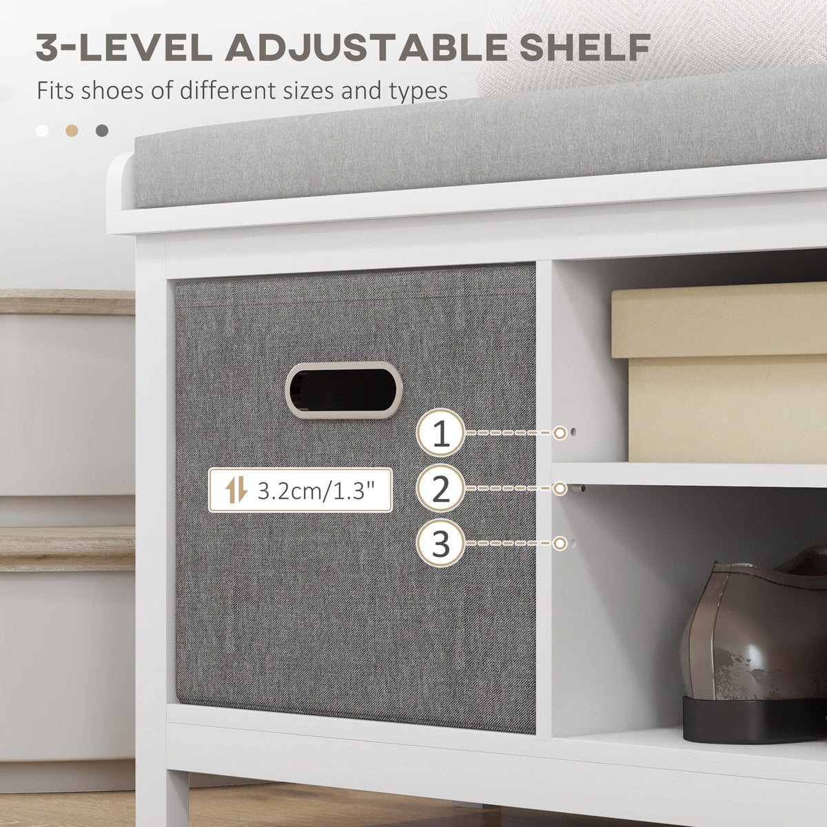 GZMR Storage Bench for Entryway with Padded Seat Modern White+Gray Storage Bench with Storage 41.3-in x 13.8-in x 18.5-in