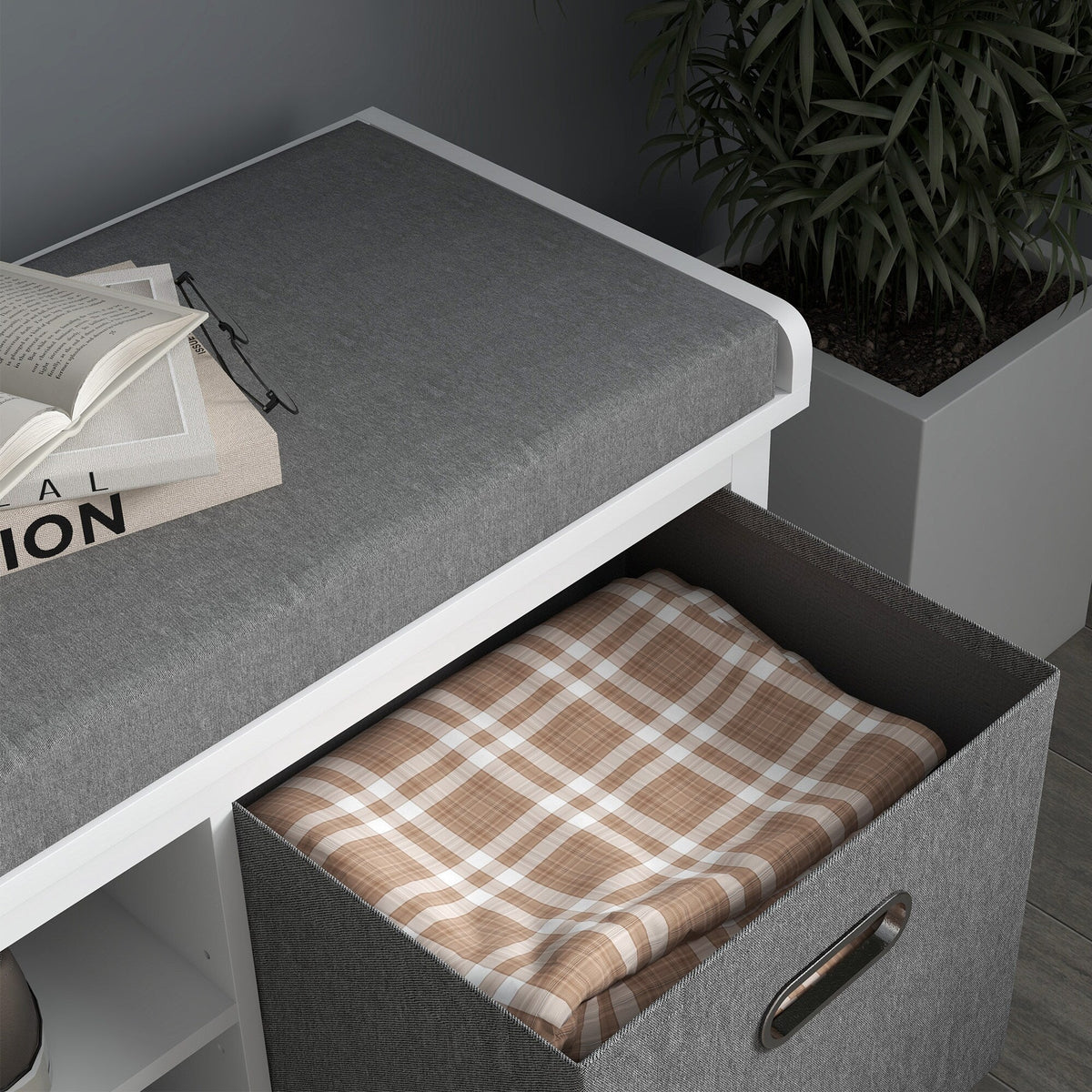 GZMR Storage Bench for Entryway with Padded Seat Modern White+Gray Storage Bench with Storage 41.3-in x 13.8-in x 18.5-in