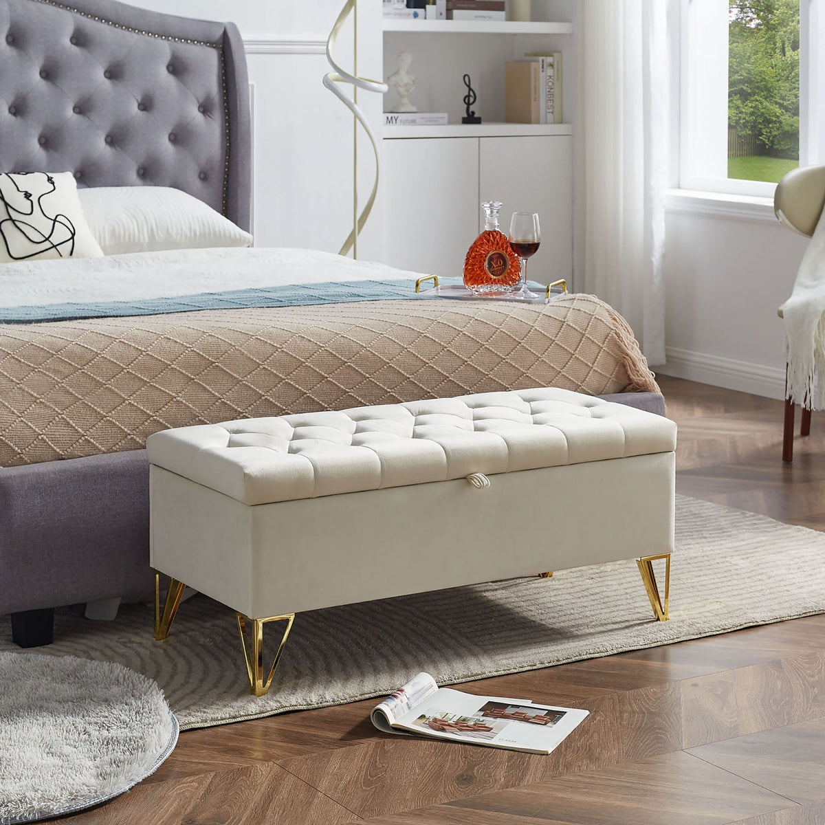GZMR Modern Beige Storage Bench with Storage 38-in x 17-in