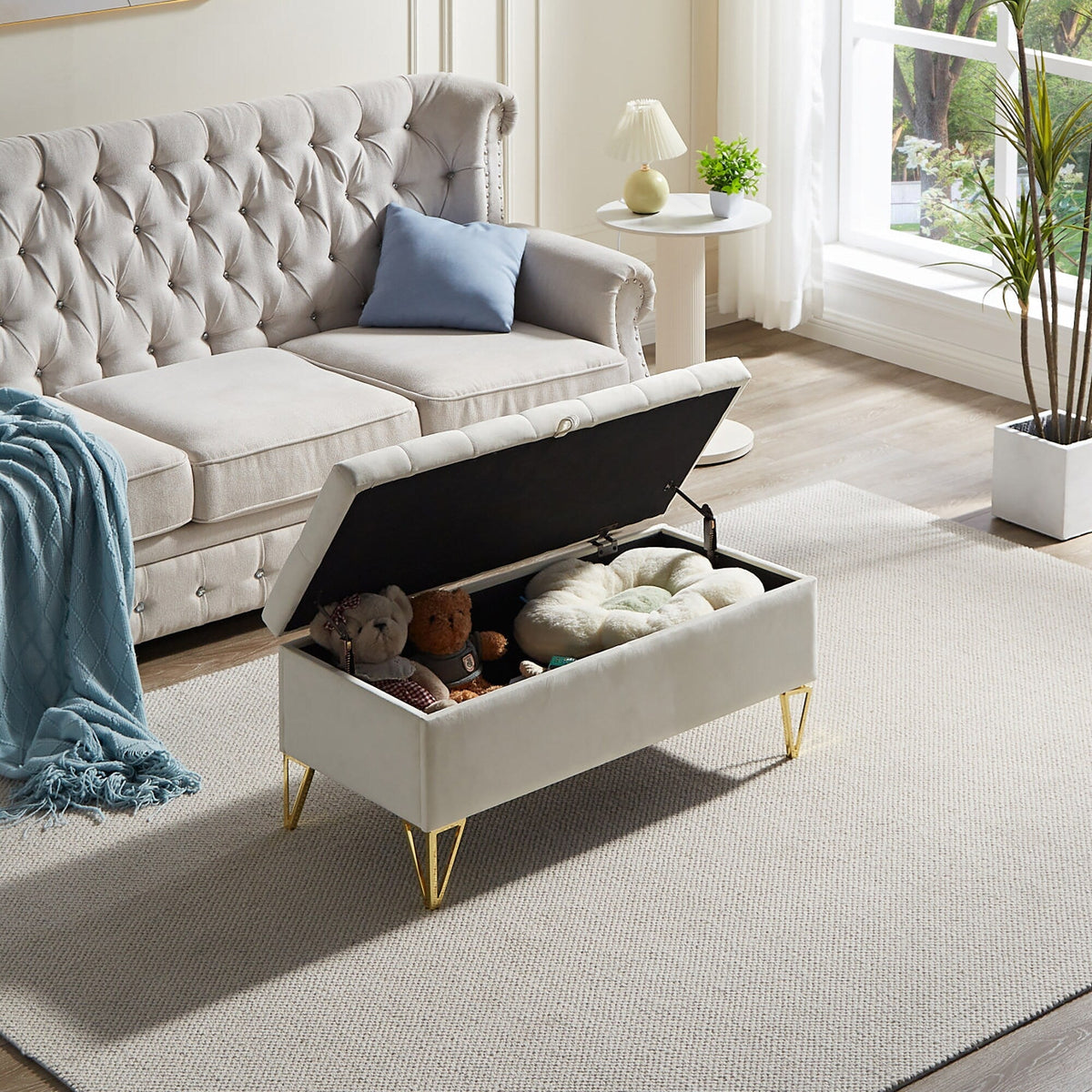GZMR Modern Beige Storage Bench with Storage 38-in x 17-in