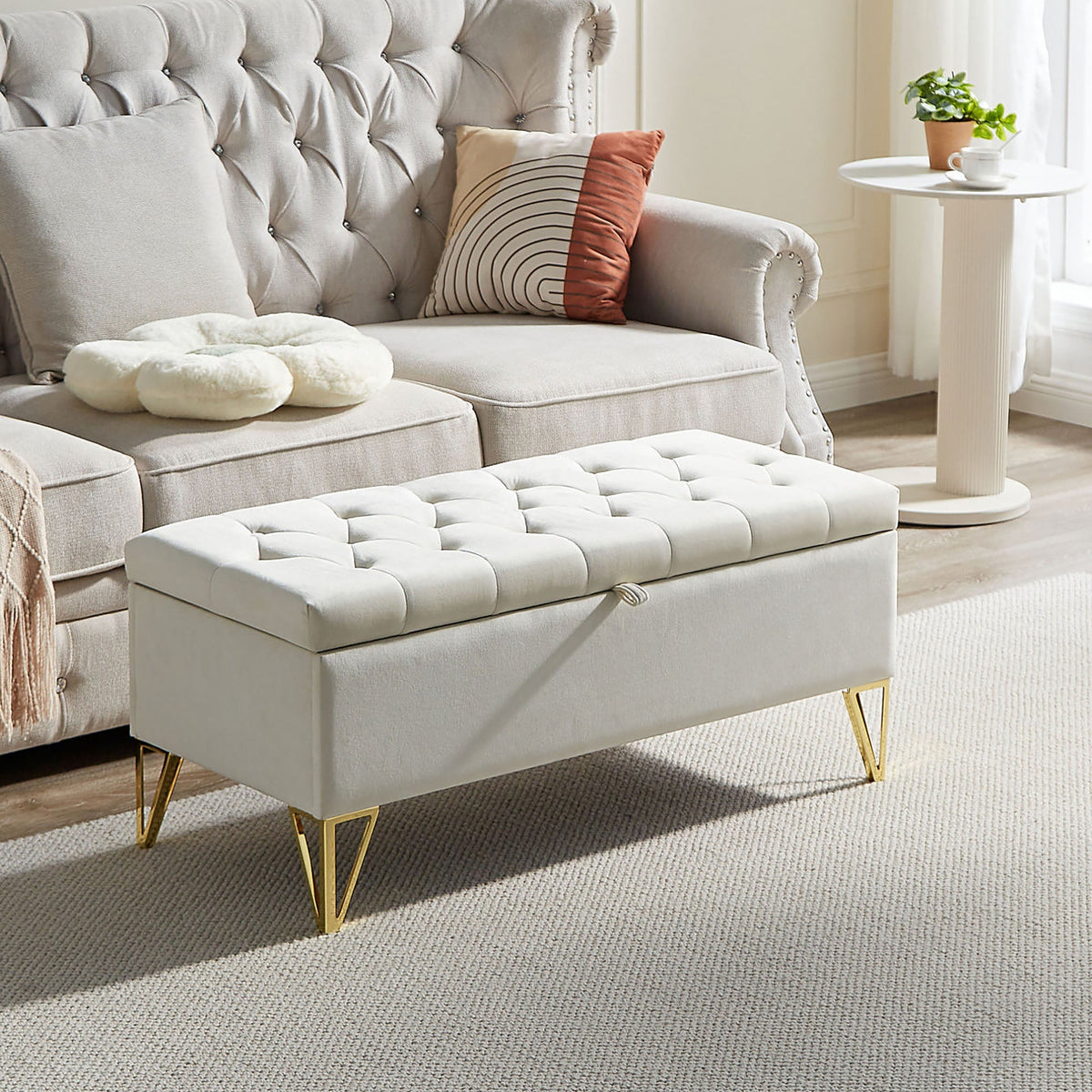 GZMR Modern Beige Storage Bench with Storage 38-in x 17-in