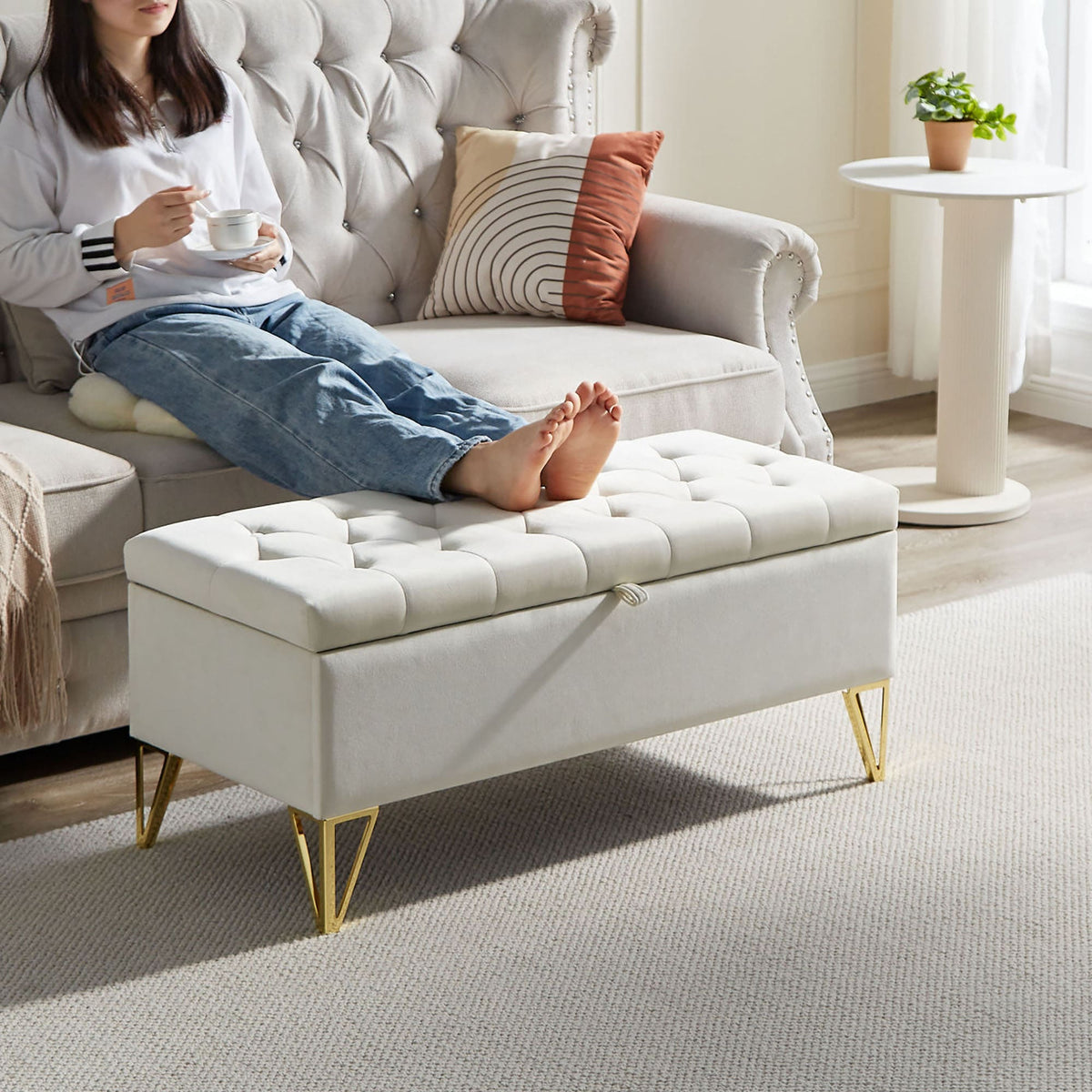 GZMR Modern Beige Storage Bench with Storage 38-in x 17-in