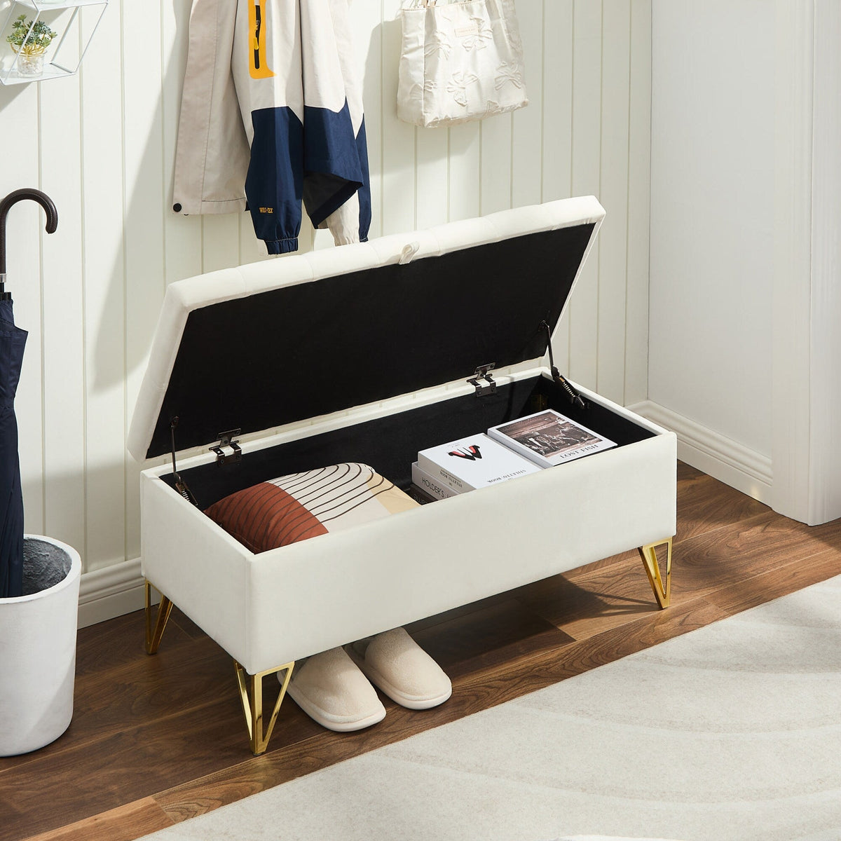 GZMR Modern Beige Storage Bench with Storage 38-in x 17-in