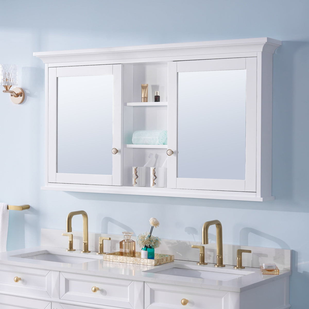 WELLFOR GRACE Solid Wood 55-in x 30-in Surface Mount White Mirrored Soft Close Medicine Cabinet