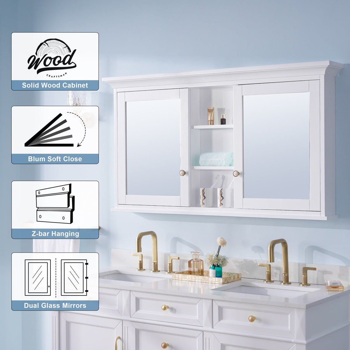 WELLFOR GRACE Solid Wood 55-in x 30-in Surface Mount White Mirrored Soft Close Medicine Cabinet