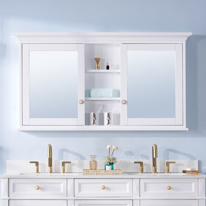 WELLFOR GRACE Solid Wood 55-in x 30-in Surface Mount White Mirrored Soft Close Medicine Cabinet