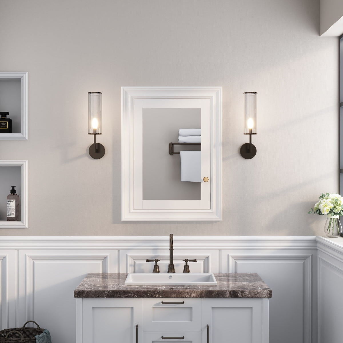 WELLFOR GRACE Solid Wood 24-in x 32-in Recessed Mount White Mirrored Soft Close Medicine Cabinet