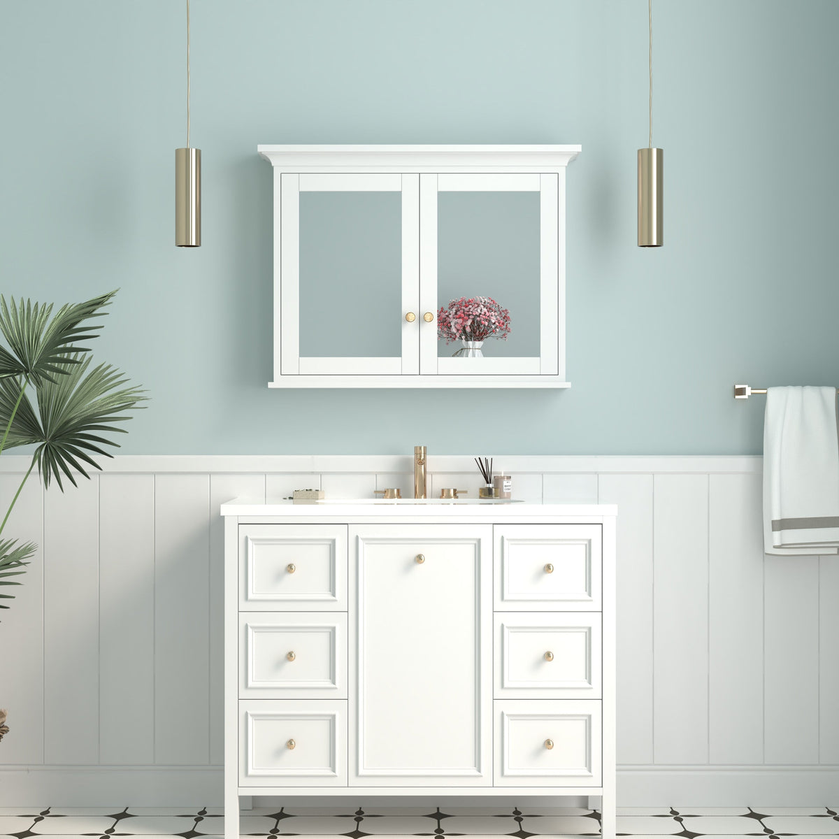 WELLFOR GRACE Solid Wood 40-in x 30-in Surface Mount White Mirrored Soft Close Medicine Cabinet