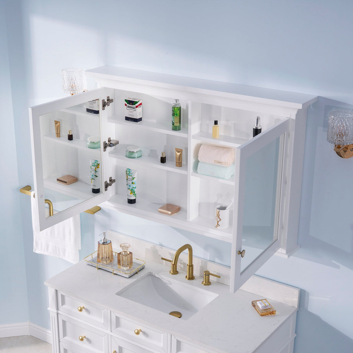 WELLFOR GRACE Solid Wood 48-in x 30-in Surface Mount White Mirrored Soft Close Medicine Cabinet