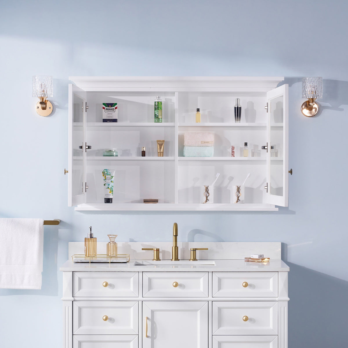 WELLFOR GRACE Solid Wood 48-in x 30-in Surface Mount White Mirrored Soft Close Medicine Cabinet